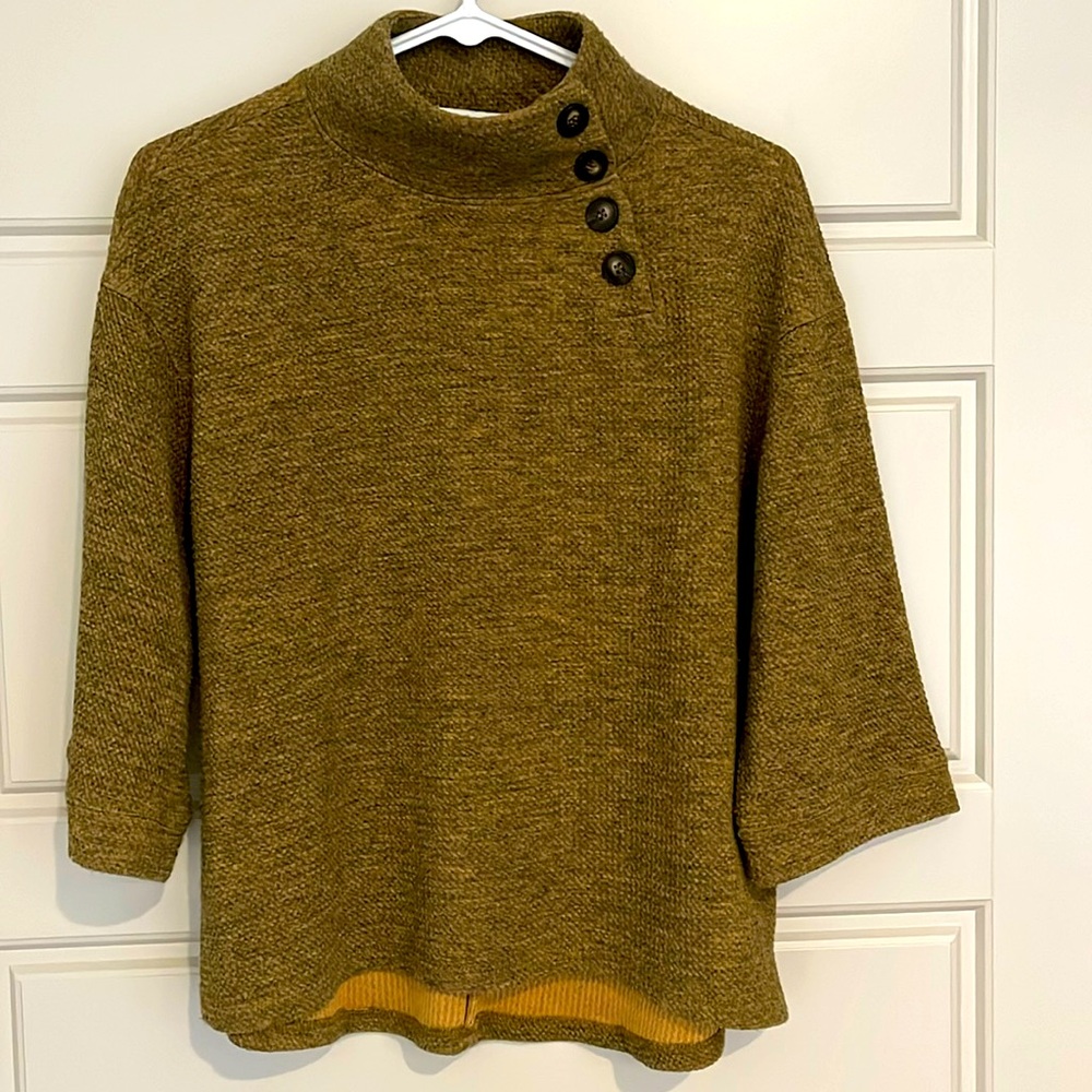 Anthropologie Mock Neck Green Pullover Sweater Bell Sleeve Button Detail